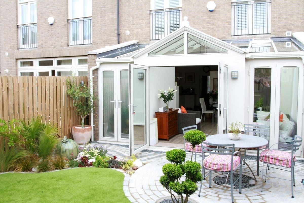 External white timber framed conservatory living space extension