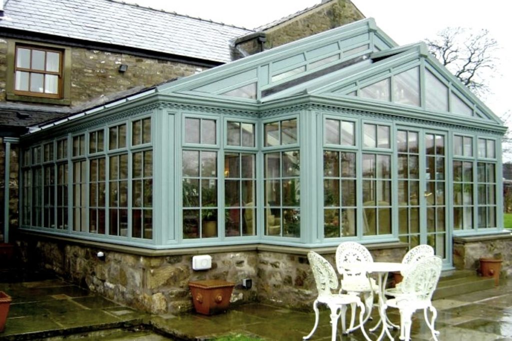 Large gable ended sage green aluminium framed conservatory