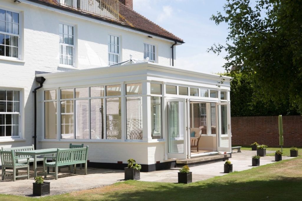 Luxury timber framed orangery on a large Georgian home.