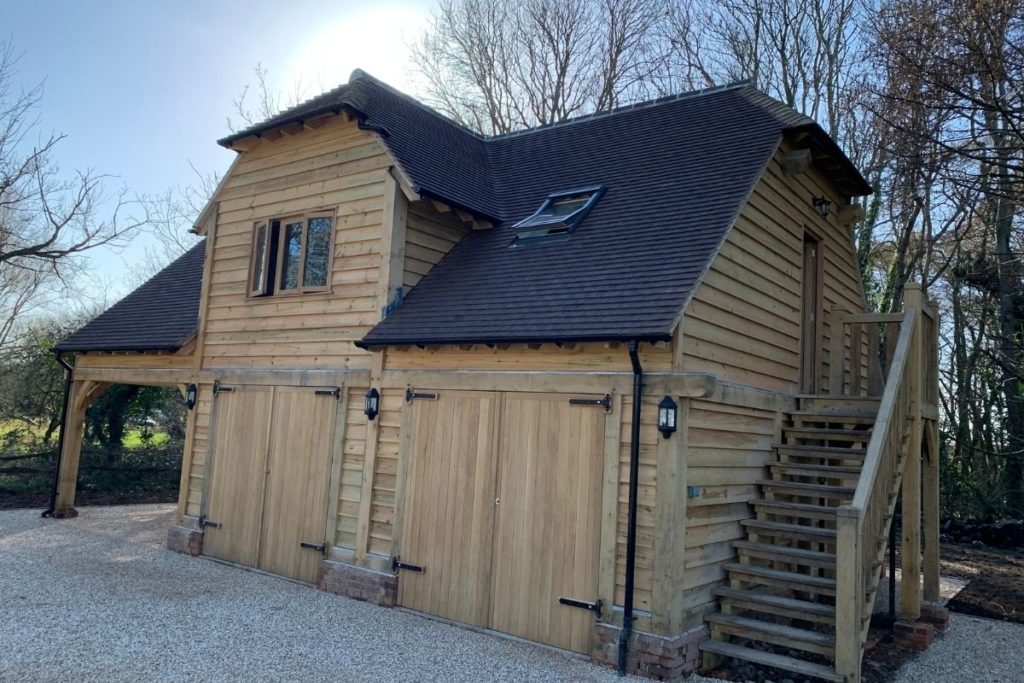 Oak double storey barn garage with office space above