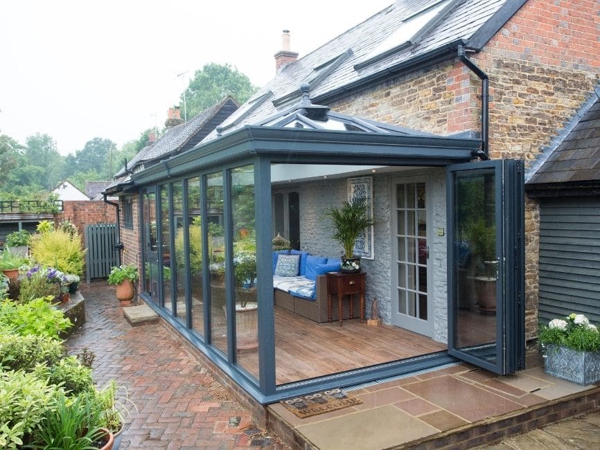 Charcoal grey aluminium framed orangery extension