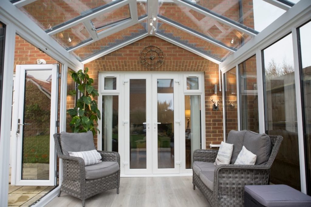 Contrasting white uPVC internal frames on a grey framed conservatory