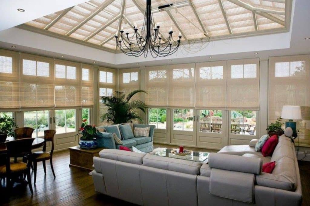 Conservatory and orangery blinds installed will help to reduce heat loss from your space. keeping your conservatory warm in winter,