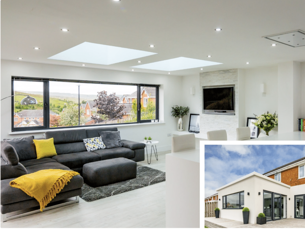 Contemporary modular extension interior with skylights, panoramic views, and open-plan living space; inset image shows the modern exterior with large windows and rendered finish.