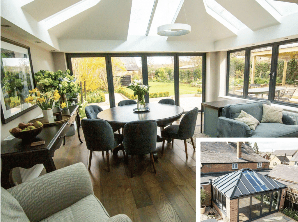Elegant dining extension with vaulted ceiling, glass panels, and bi-fold doors opening onto a landscaped garden; inset image displays the exterior view with pitched glass roof.