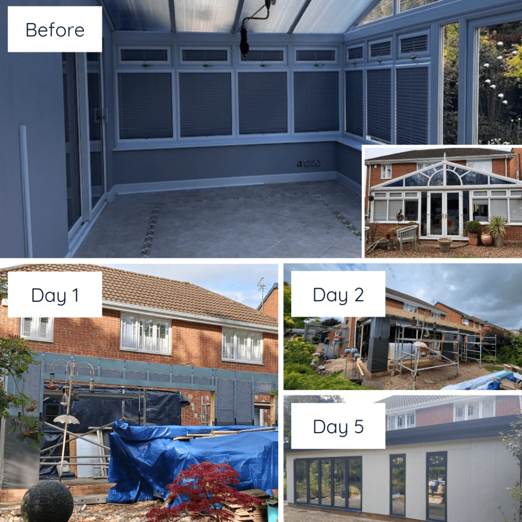 A photo showing the different stages of a modular glass extension, replacing a previous old conservatory. Images show before and then day 1, day 2 and the new structure up and weather proof on day 5.