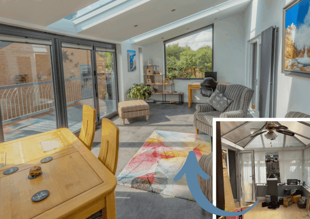 a before and after of an old and cheap looking conservatory into a new and modern space full of light