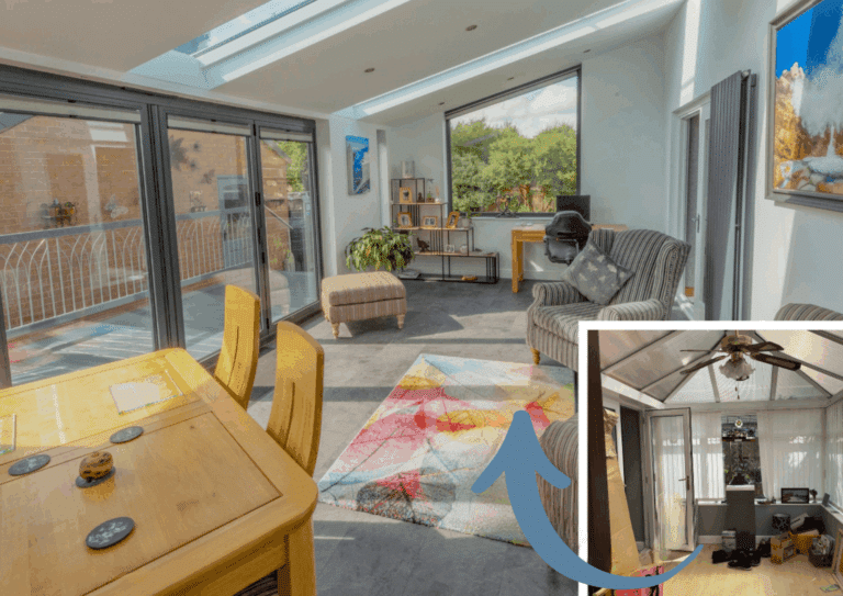 a before and after of an old and cheap looking conservatory into a new and modern space full of light