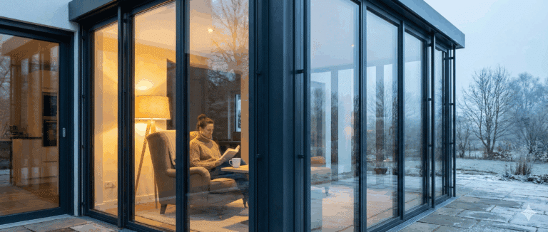 A modern glass room extension attached to a high-quality home