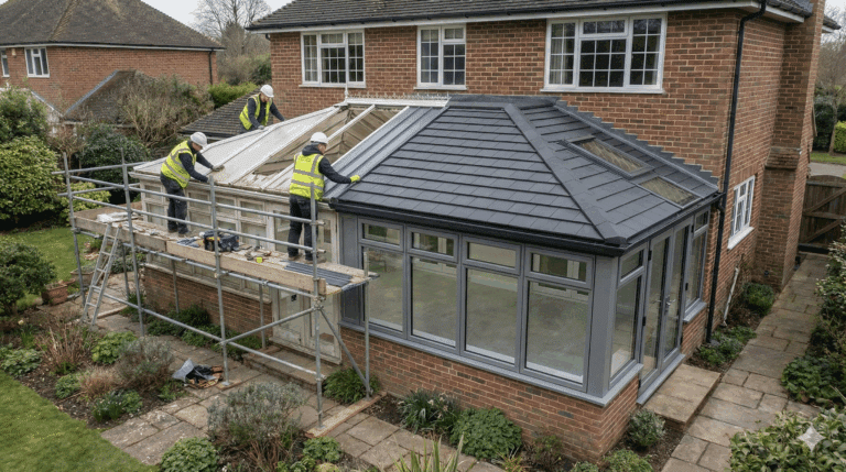 Workers repairing a conservatory roof with scaffolding, showcasing a modern glass extension on a brick home surrounded by a landscaped garden.