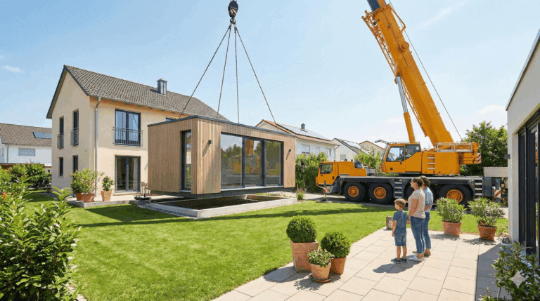 Family observing the installation of a modular extension in a garden, with a crane lifting a wooden structure beside a modern house.