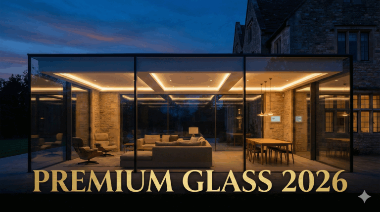 Modern glass conservatory with premium features, stylish interior, and ambient lighting, showcasing elegant design for home extensions in 2026.