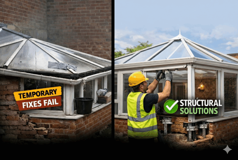 Image comparing a damaged conservatory with a worker installing structural solutions, highlighting "Temporary Fixes Fail" and "Structural Solutions" for premium glass extensions.