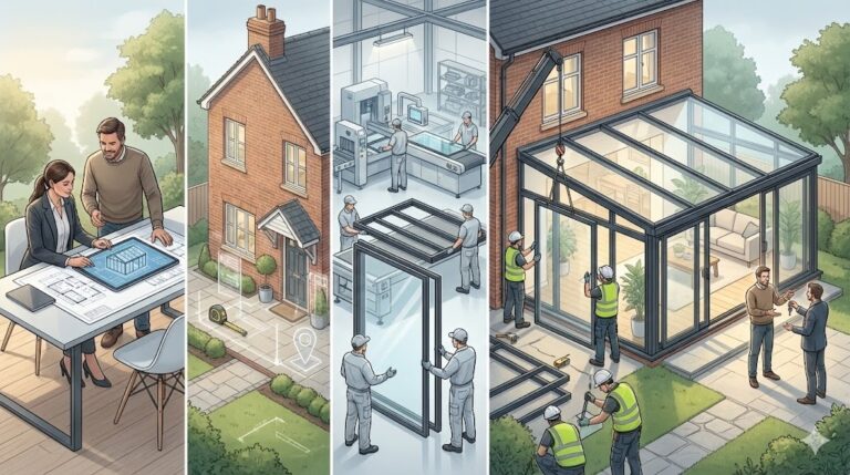 Illustration depicting the process of planning and constructing a glass extension, featuring a couple reviewing designs, workers assembling components, and a completed conservatory, representing Room Outside's home extension services.