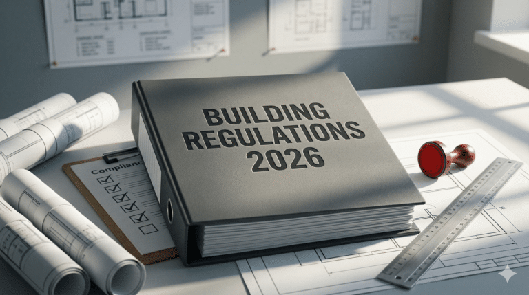 A thick official-looking government-style binder or document folder prominently labelled: BUILDING REGULATIONS 2026