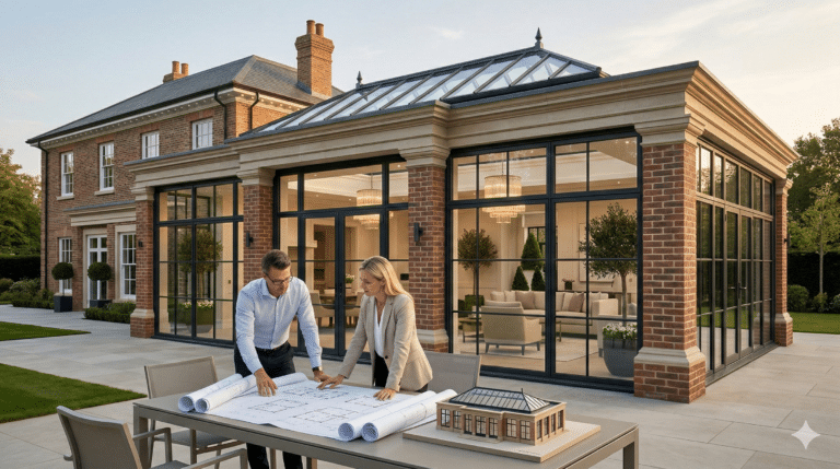 A high-end UK period home (Georgian or Victorian style) with a stunning bespoke orangery extension.