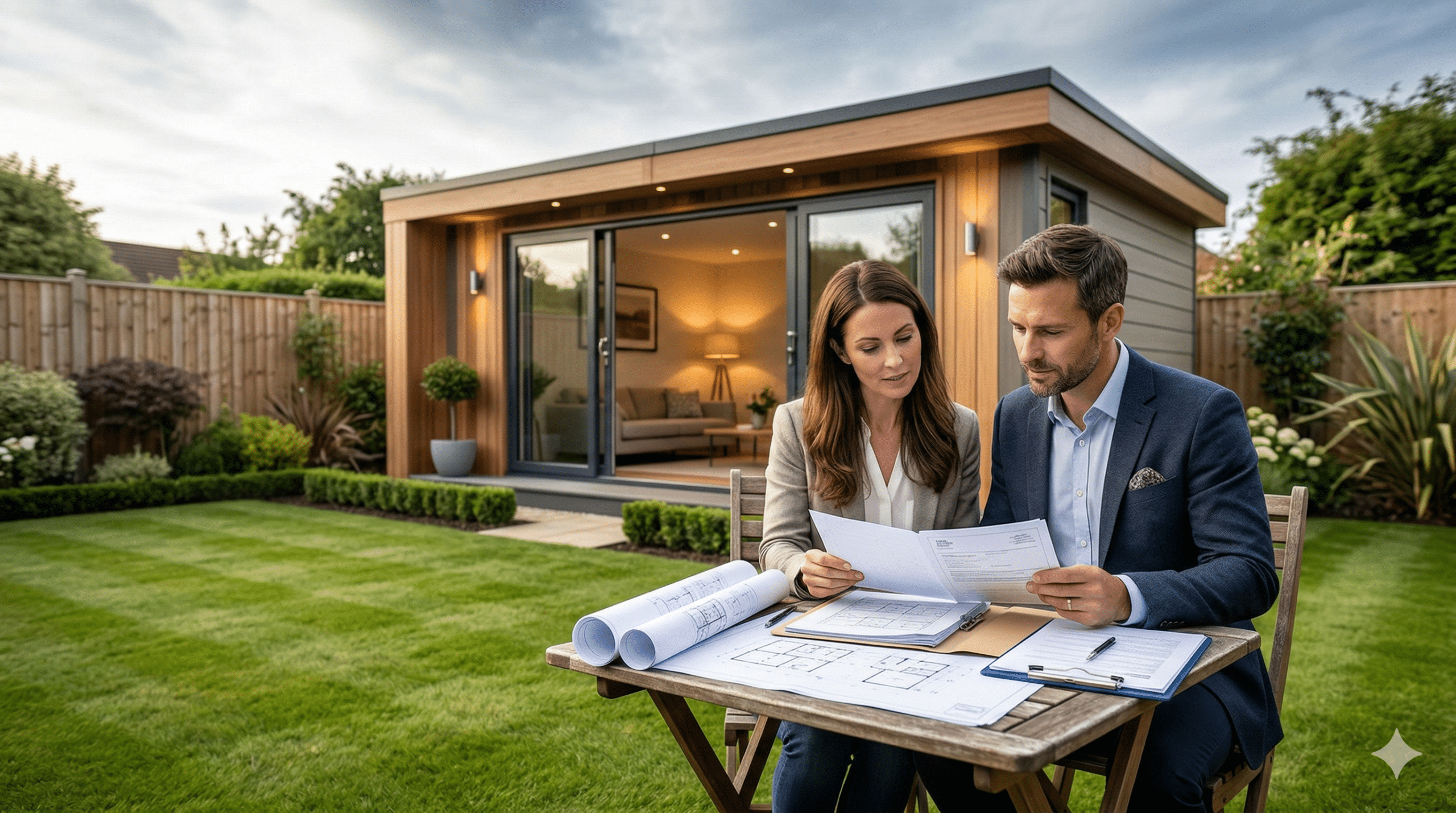A beautiful modern garden room in a landscaped UK backyard. The structure should look premium and realistic — glass sliding doors, warm interior lighting, timber or composite exterior finish. The garden should feel well-maintained with trimmed grass, subtle hedges, and a wooden fence.
