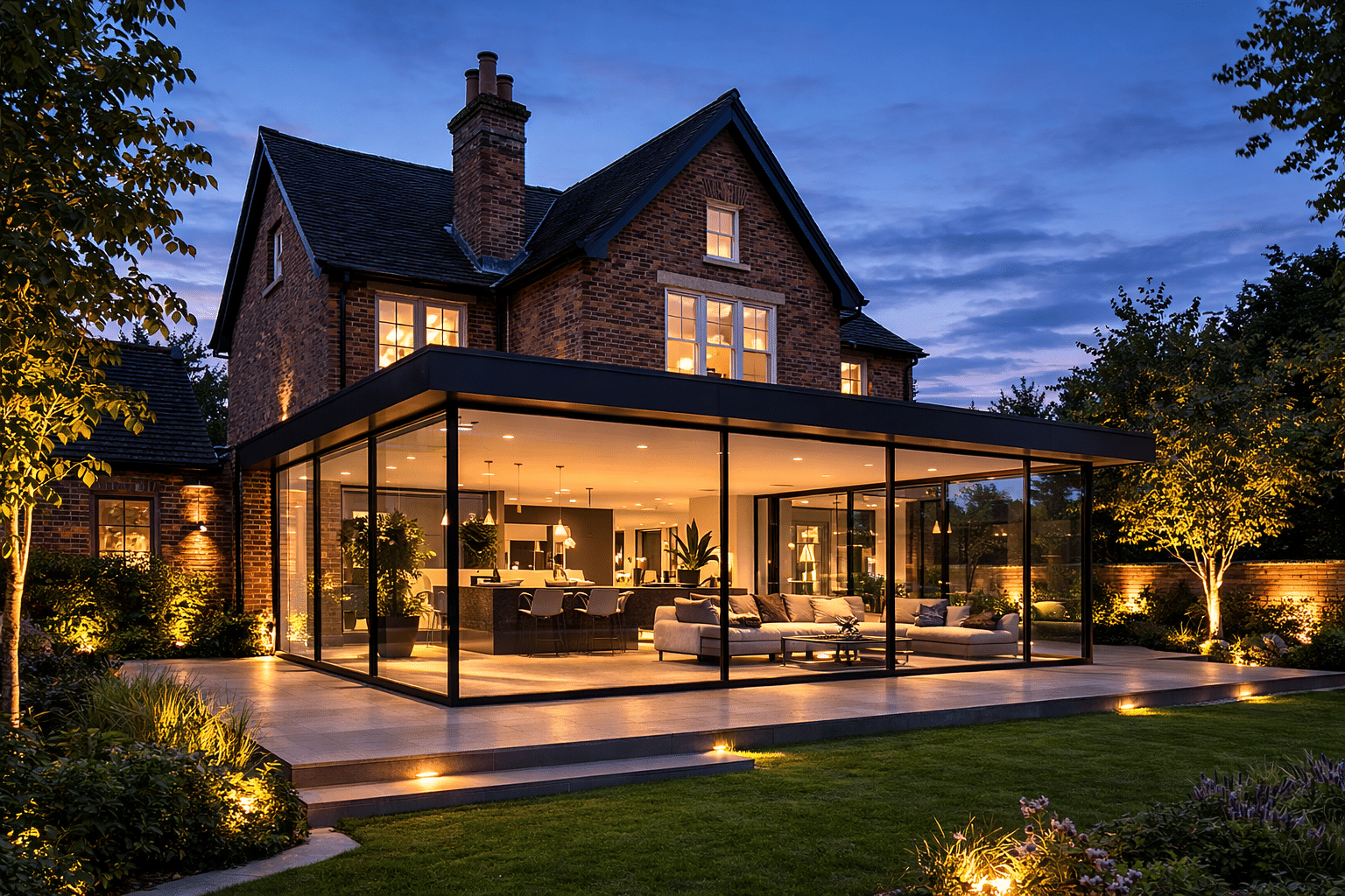 Modern glass box extension on a Victorian terraced house in London, golden hour lighting. Sleek minimal black aluminium frames with floor-to-ceiling sliding glass doors opening onto a small courtyard garden with contemporary landscaping. Interior visible showing a stunning open-plan kitchen-diner with marble island, brass pendant lights, and herringbone wood flooring. Warm evening glow from inside contrasting with soft blue hour sky. Original red brick of the period house visible at the junction point. Professional architectural photography, wide angle 24mm lens, sharp focus throughout, high dynamic range. Luxury property magazine aesthetic. No people. Photorealistic.