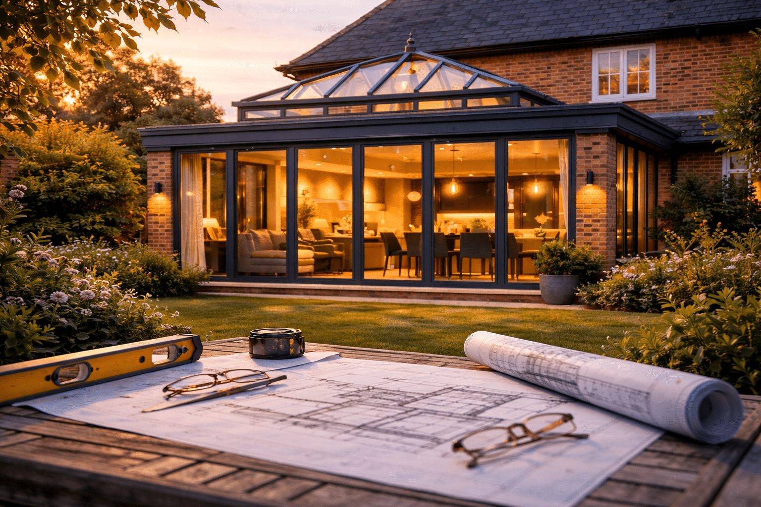 Luxury glass extension attached to an elegant British brick home, modern aluminium framed glass room with a lantern roof, photographed at golden hour from the garden. A professional architectural setting with subtle design plans and measuring tools on an outdoor table in the foreground, suggesting planning and craftsmanship. Lush English garden, warm interior lighting glowing through large glass panels, premium architectural photography, editorial magazine style, ultra realistic, soft depth of field, warm natural light, sophisticated atmosphere, no people, no text, no watermark.