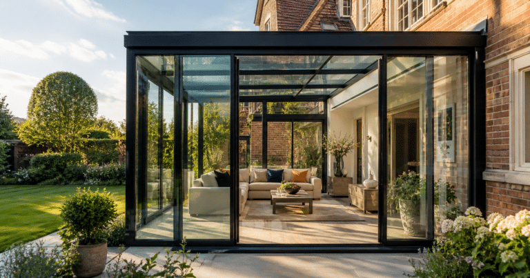 Modern energy-efficient glass conservatory extension with slim aluminium frames attached to a traditional British period home, viewed in warm afternoon light