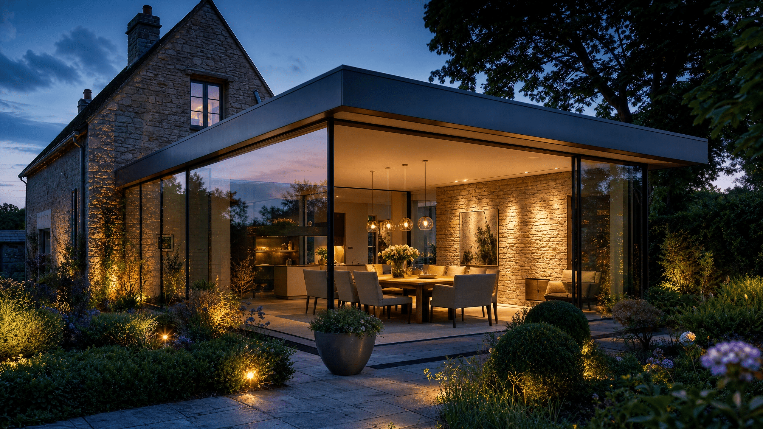 Modern all-glass room attached to a stone house, illuminated at dusk and overlooking a landscaped garden.
