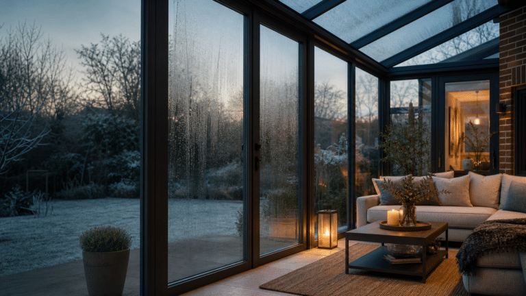 Modern conservatory glass with condensation on a cold morning and a warm interior beyond