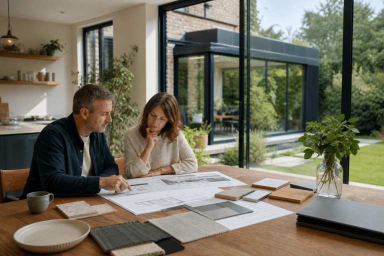 Homeowner and specialist designer reviewing glass extension drawings beside a modern garden-facing glazed room