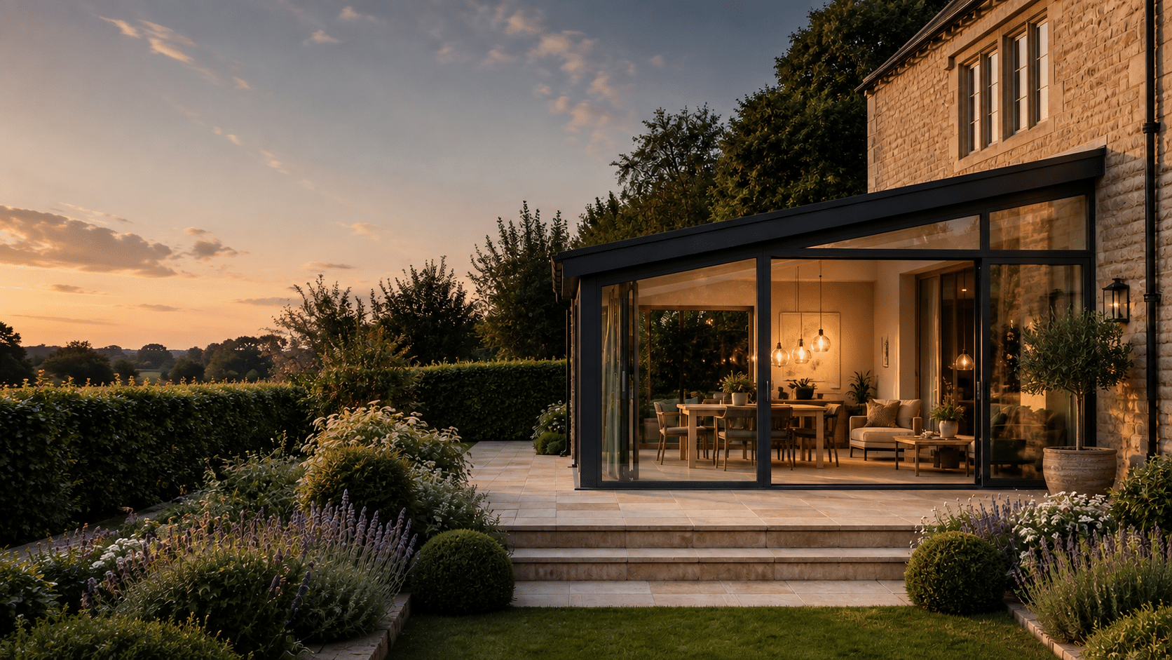 Modern lean-to orangery with slim dark frames attached to a traditional stone house at sunset.