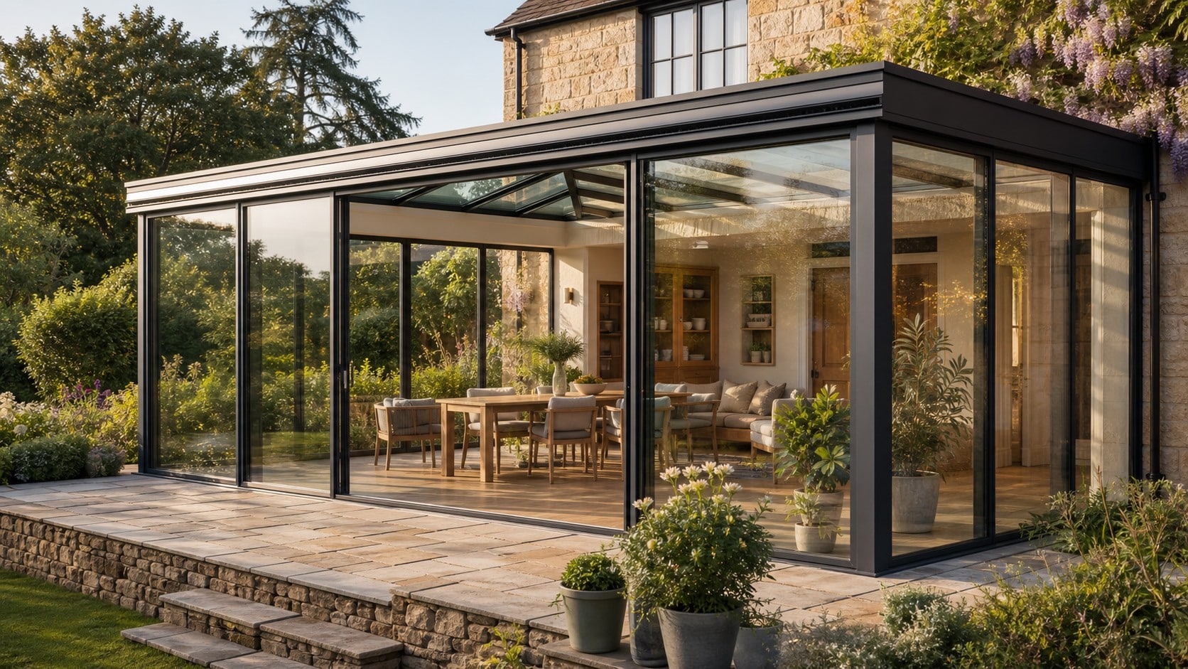 Modern conservatory with slim anthracite aluminium frames and expansive glazing overlooking a landscaped garden