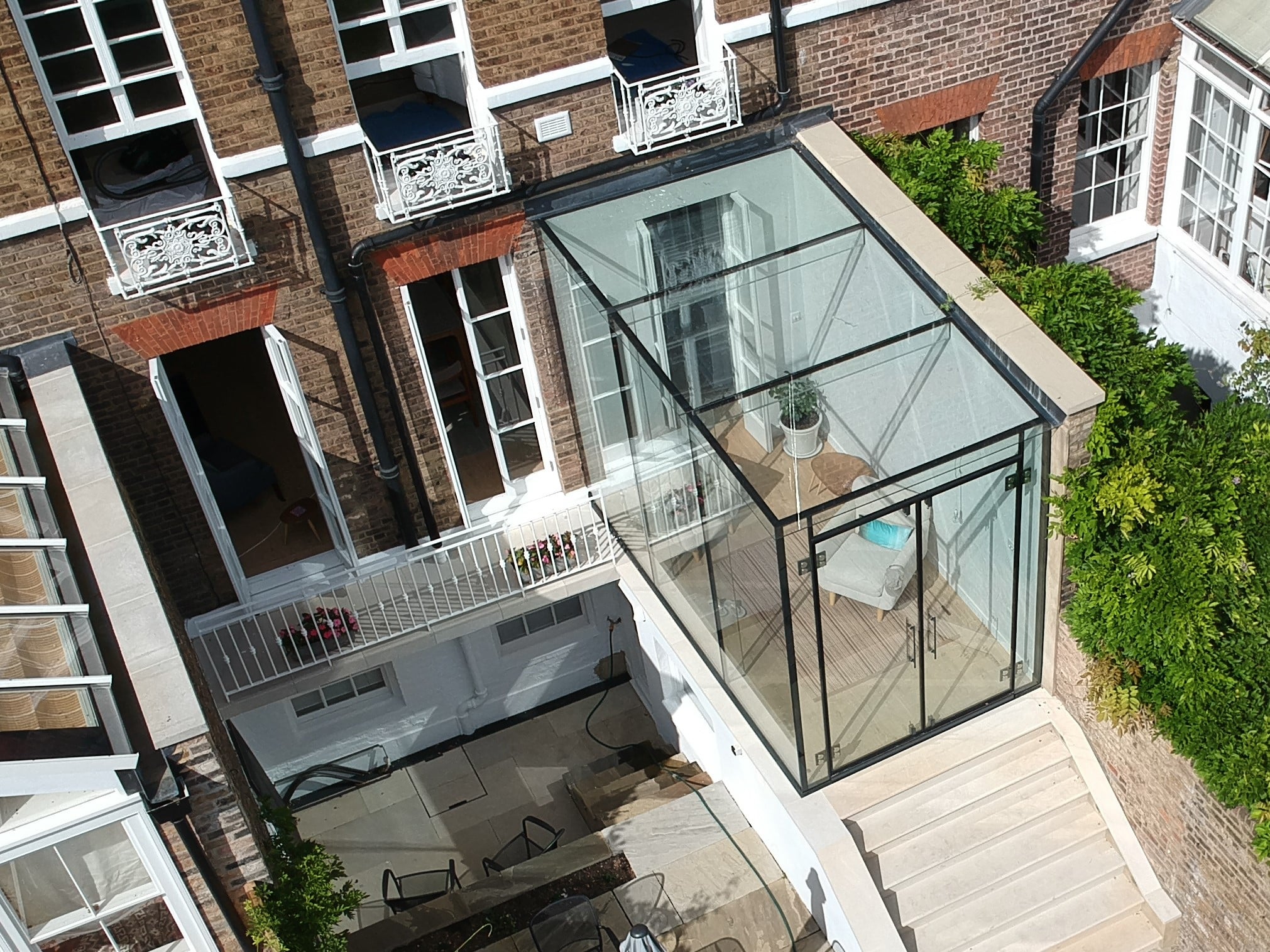 Aerial view of glass box extension on a Georgian townhouse