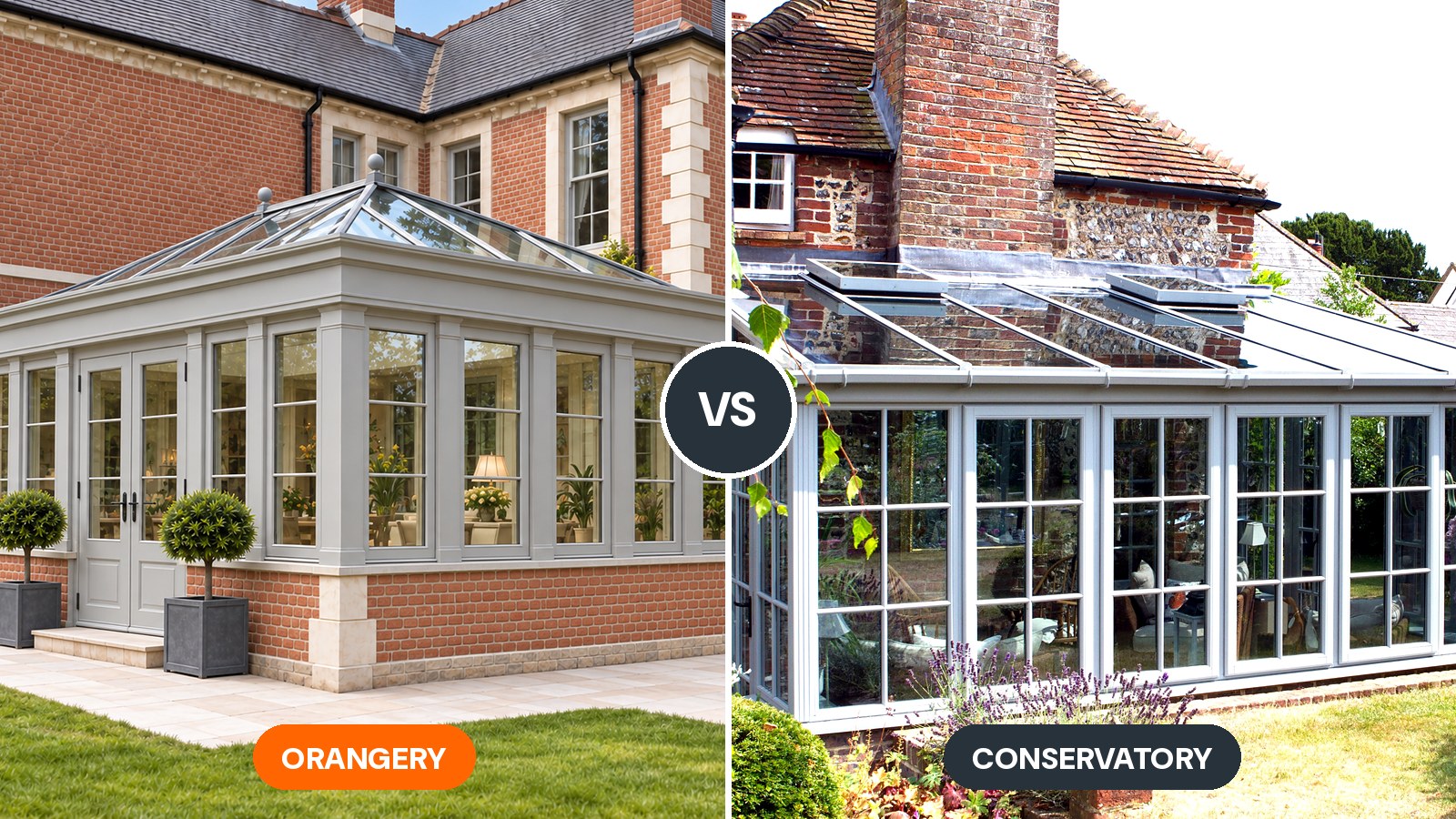 Orangery vs conservatory: grey orangery with brick base and roof lantern beside a white glass-roofed lean-to conservatory